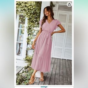 Women’s belted ruffle maxi dress, pink, size medium